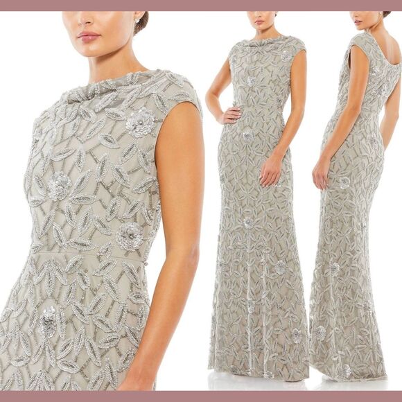 NWT $598 Mac Duggal [ 4 ] 93537 Cowl Neckline Floral Embellished Gown Grey #J304 - Picture 1 of 14